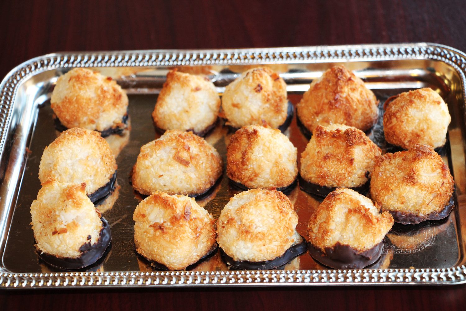 Coconut macaroon cookies dipped in dark chocolate