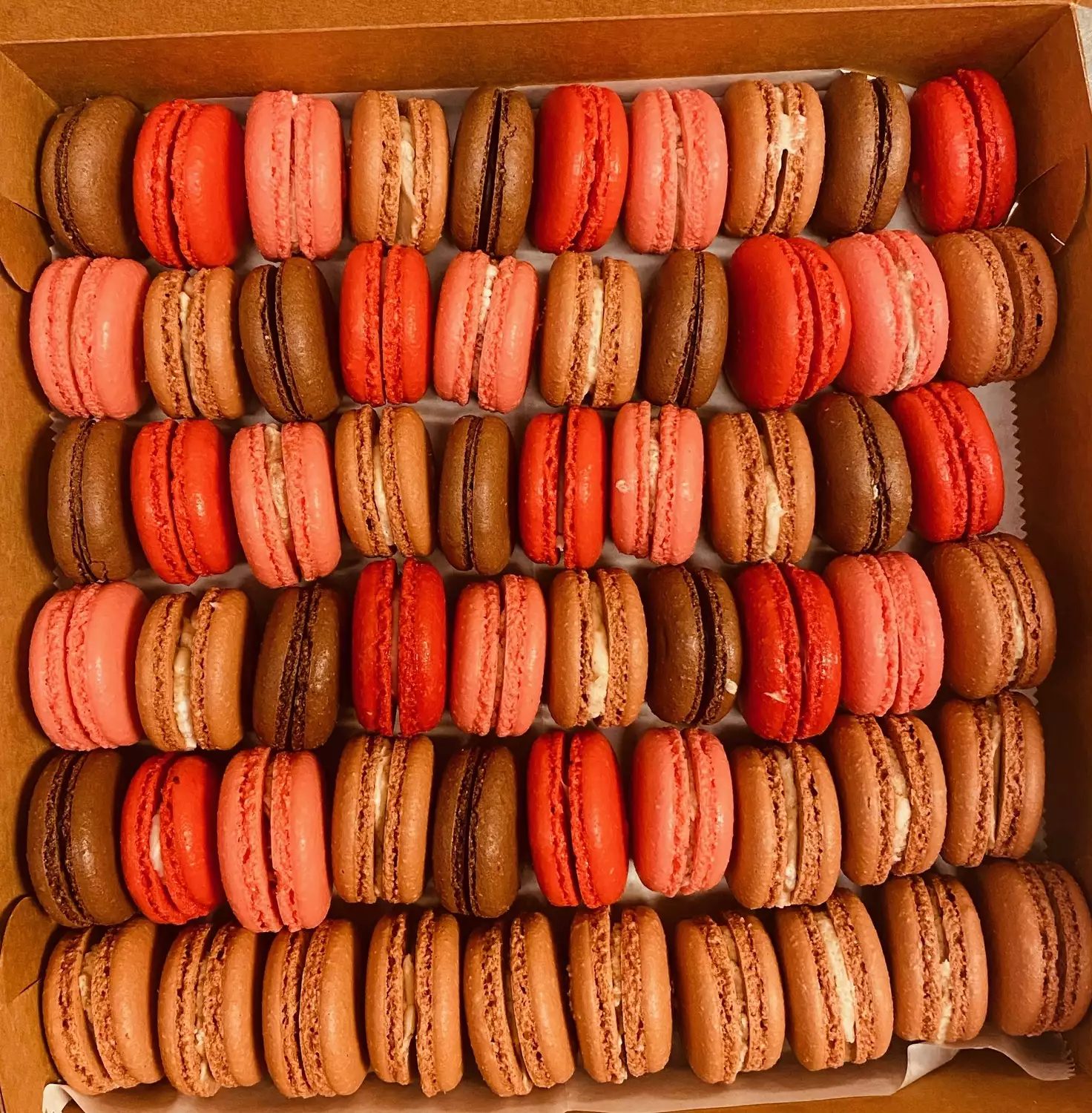 A bakery box packed with rows of macarons