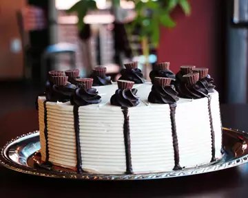 Peanut butter chocolate cake striped with chocolate and topped with peanut butter cups